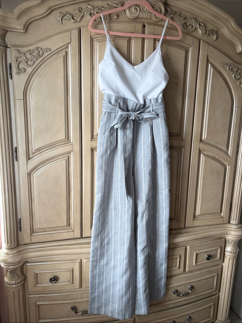 the clothing company White & Gray Striped Paperbag-Waist Jumpsuit